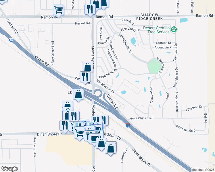 map of restaurants, bars, coffee shops, grocery stores, and more near 33240 Westchester Drive in Thousand Palms