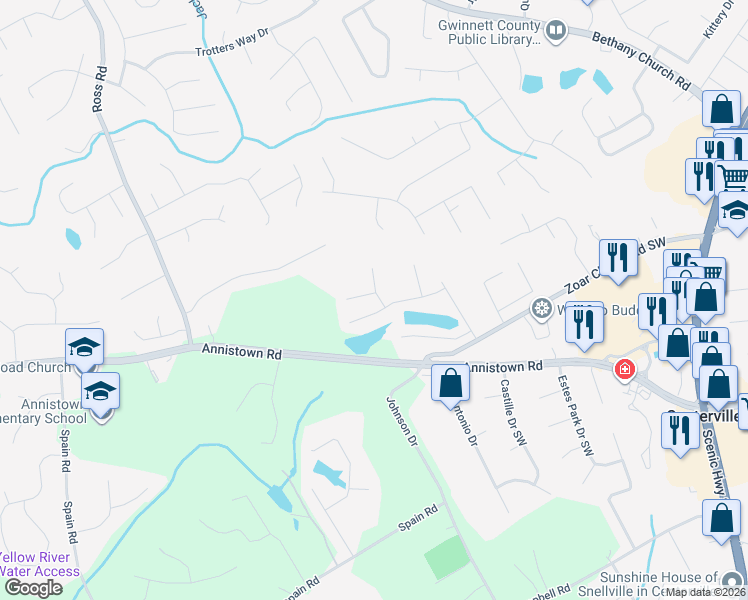 map of restaurants, bars, coffee shops, grocery stores, and more near 3240 Moon Beam Court in Snellville