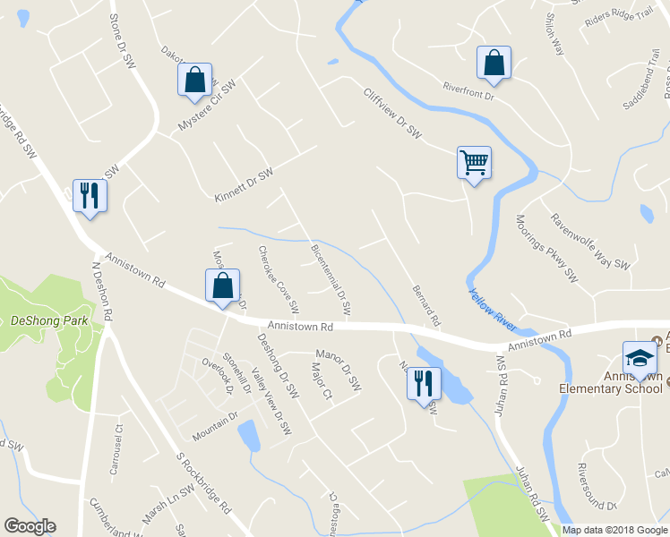 map of restaurants, bars, coffee shops, grocery stores, and more near 2924 Bicentennial Drive Southwest in Stone Mountain