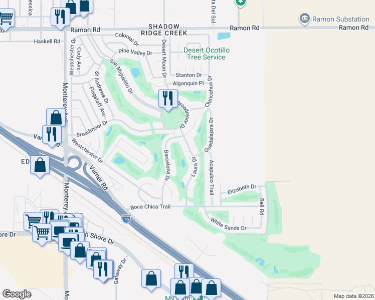 map of restaurants, bars, coffee shops, grocery stores, and more near 33183 Laura Drive in Thousand Palms