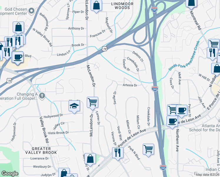 map of restaurants, bars, coffee shops, grocery stores, and more near 1072 Seville Drive in Clarkston
