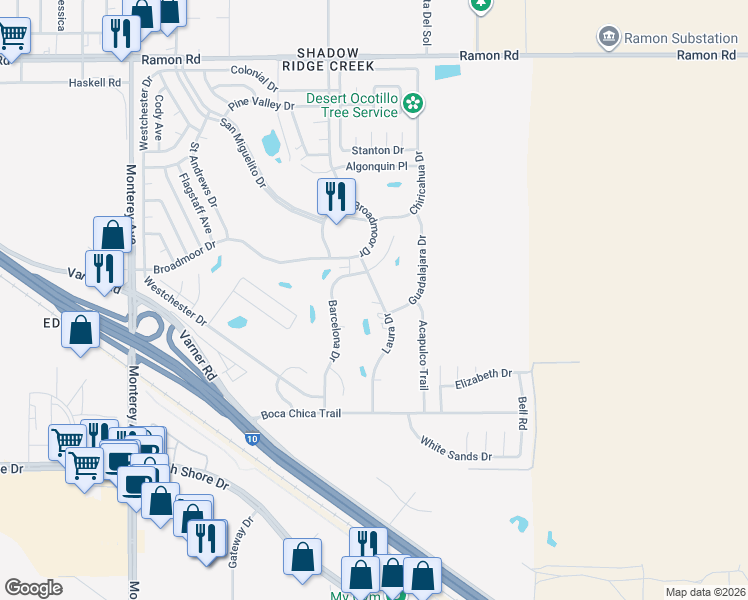 map of restaurants, bars, coffee shops, grocery stores, and more near 33183 Laura Drive in Thousand Palms