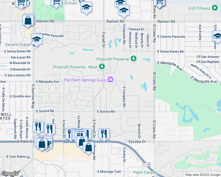 map of restaurants, bars, coffee shops, grocery stores, and more near 2701 East Mesquite Avenue in Palm Springs