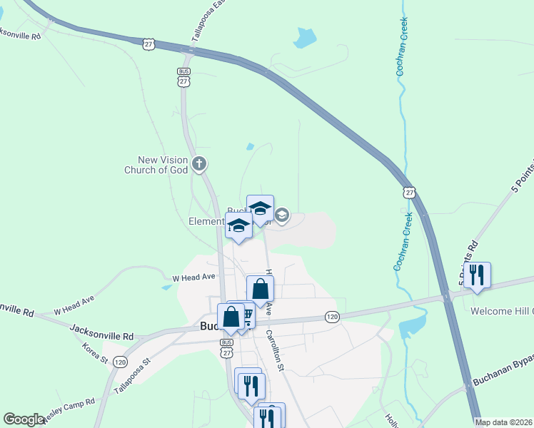map of restaurants, bars, coffee shops, grocery stores, and more near 51 2nd Avenue in Buchanan