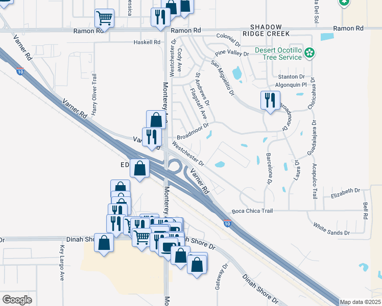 map of restaurants, bars, coffee shops, grocery stores, and more near 33240 Westchester Drive in Thousand Palms