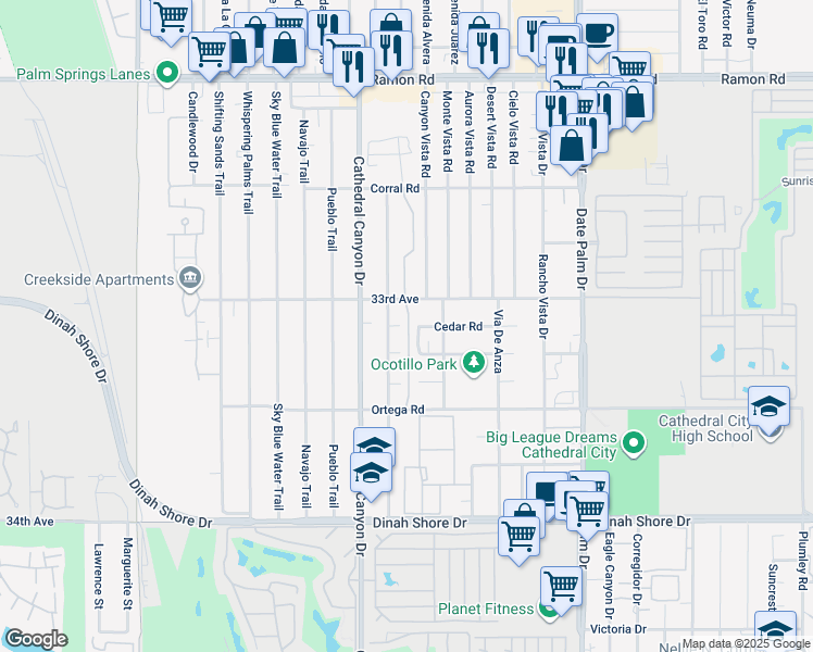 map of restaurants, bars, coffee shops, grocery stores, and more near 33113 Campus Lane in Cathedral City