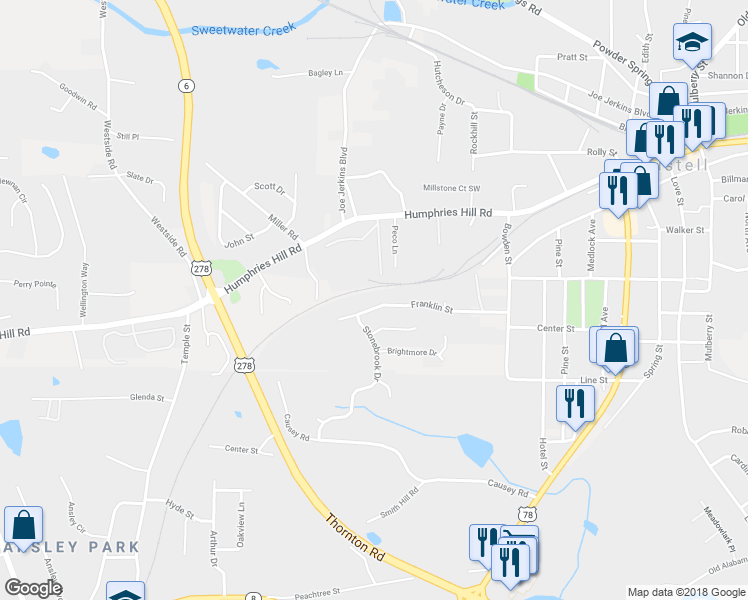 map of restaurants, bars, coffee shops, grocery stores, and more near 3220 Franklin Street in Austell