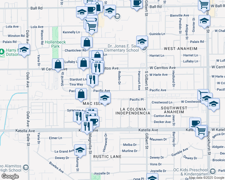 map of restaurants, bars, coffee shops, grocery stores, and more near 10631 Rodeo Drive in Anaheim