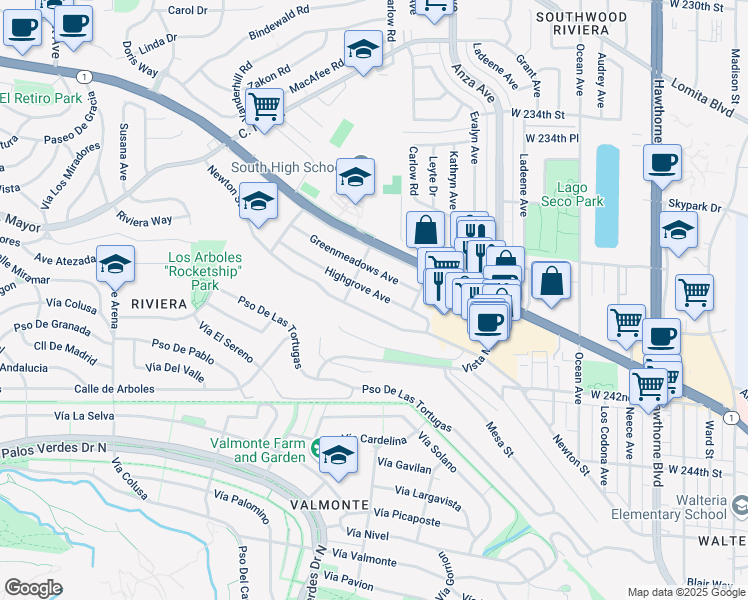 map of restaurants, bars, coffee shops, grocery stores, and more near 4527 Highgrove Avenue in Torrance