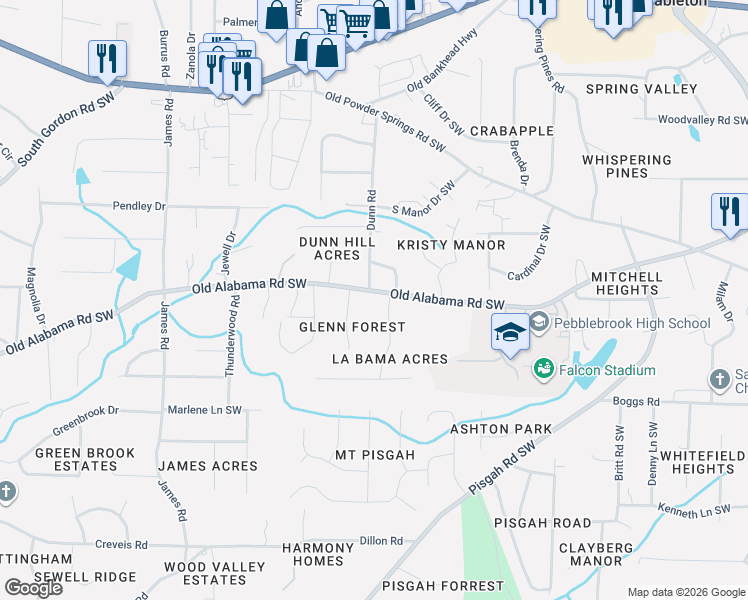 map of restaurants, bars, coffee shops, grocery stores, and more near 5970 Dunn Road in Mableton