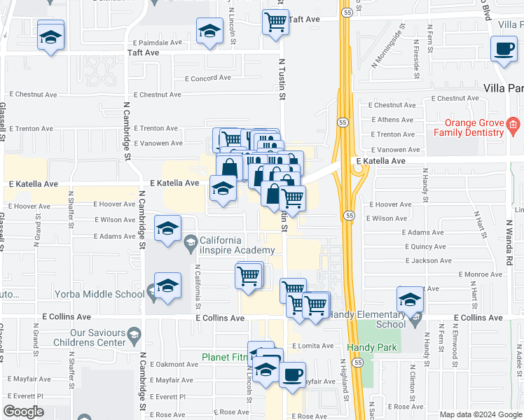 map of restaurants, bars, coffee shops, grocery stores, and more near 1189 North Shattuck Street in Orange