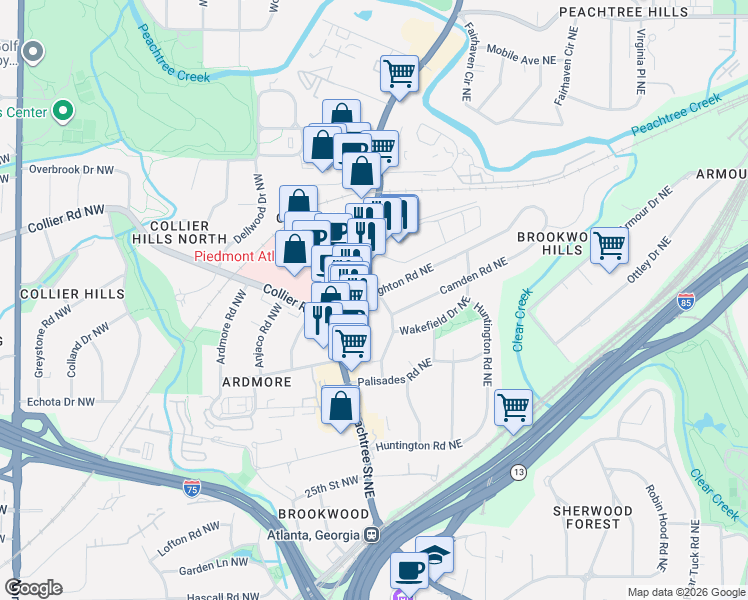 map of restaurants, bars, coffee shops, grocery stores, and more near 2001 Peachtree Road in Atlanta