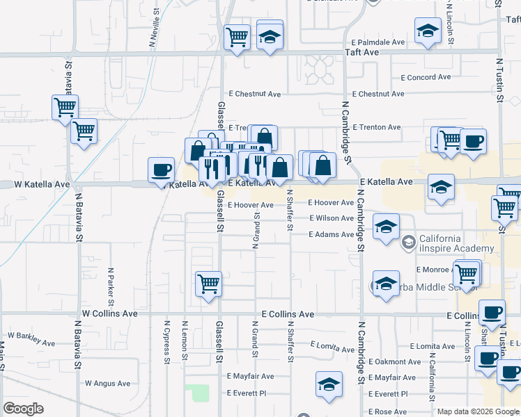 map of restaurants, bars, coffee shops, grocery stores, and more near 320 East Katella Avenue in Orange
