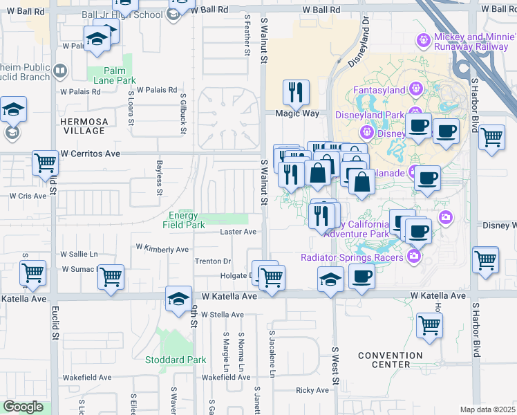 map of restaurants, bars, coffee shops, grocery stores, and more near 1613 South Walnut Street in Anaheim