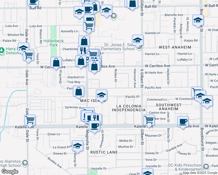 map of restaurants, bars, coffee shops, grocery stores, and more near 10621 Rodeo Drive in Anaheim
