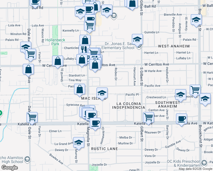 map of restaurants, bars, coffee shops, grocery stores, and more near 9093 Cris Avenue in Anaheim