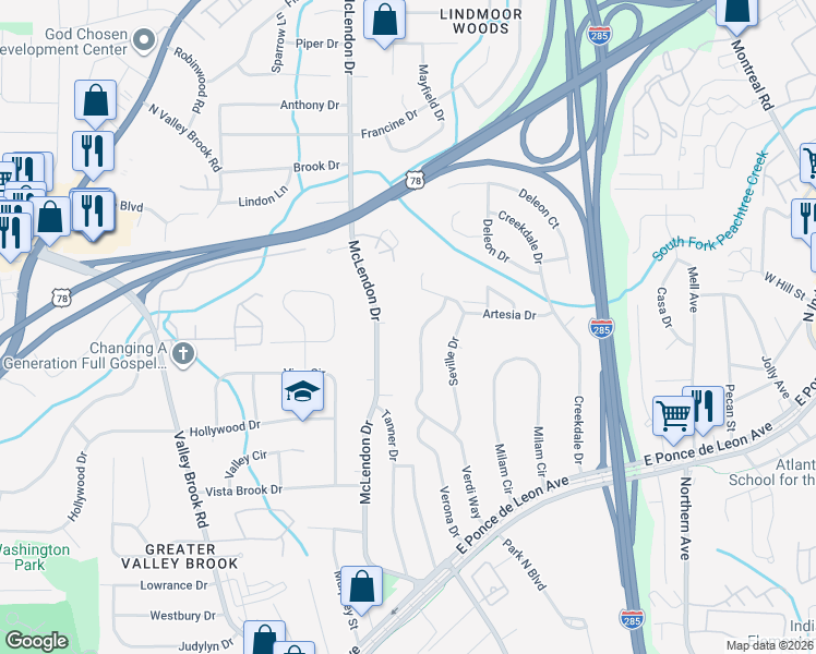 map of restaurants, bars, coffee shops, grocery stores, and more near 1072 Seville Drive in Clarkston