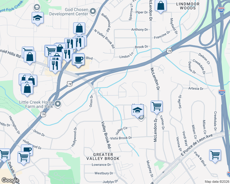 map of restaurants, bars, coffee shops, grocery stores, and more near 3317 Valley Brook Place in Decatur