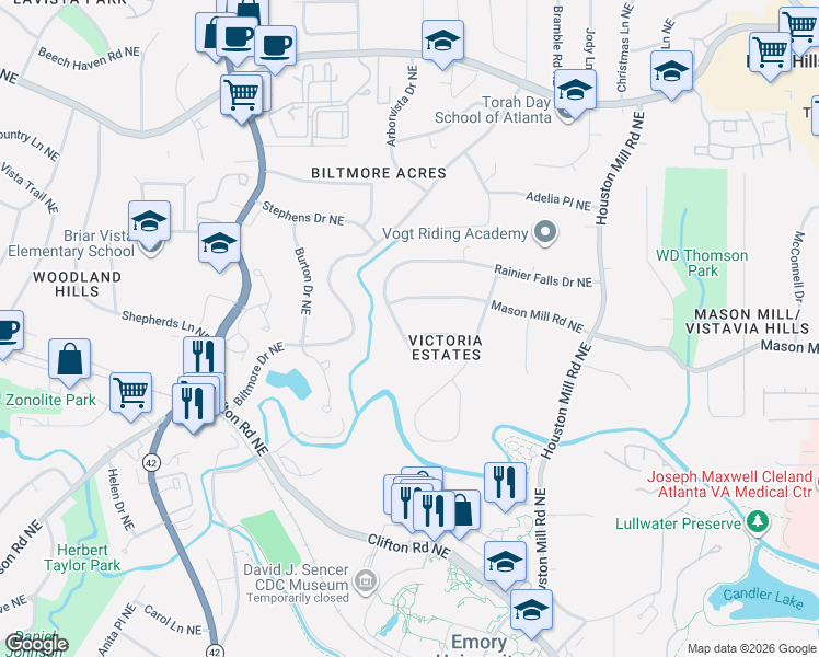 map of restaurants, bars, coffee shops, grocery stores, and more near 1431 Rainier Falls Drive Northeast in Atlanta