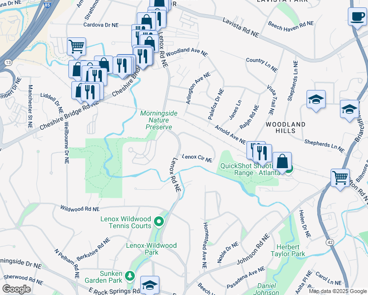 map of restaurants, bars, coffee shops, grocery stores, and more near 1941 Lenox Road Northeast in Atlanta