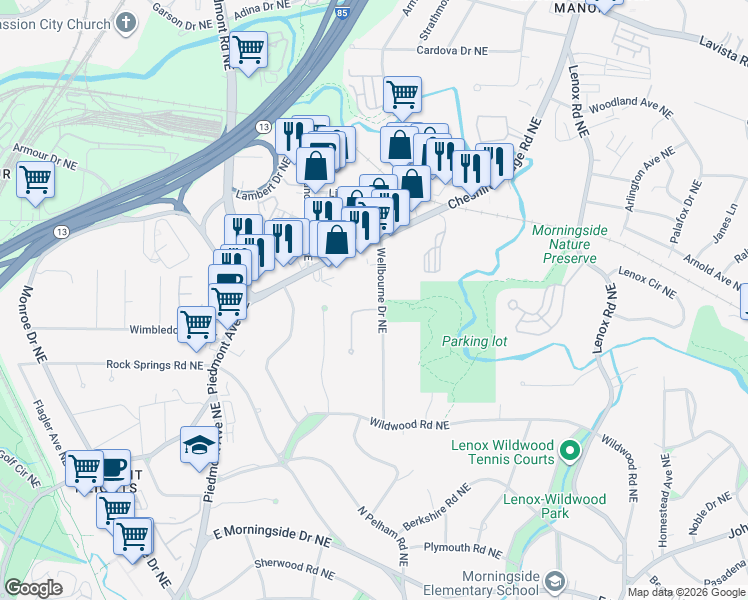 map of restaurants, bars, coffee shops, grocery stores, and more near 1969 Wellbourne Drive Northeast in Atlanta