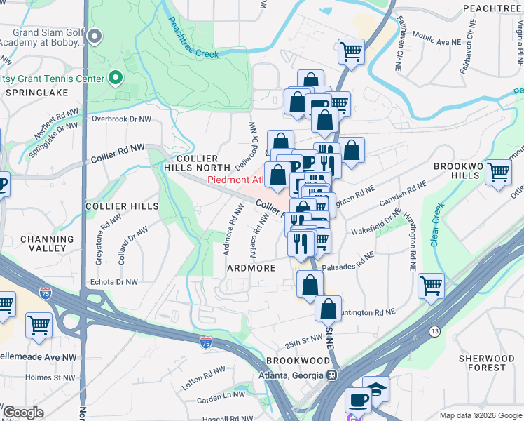 map of restaurants, bars, coffee shops, grocery stores, and more near 275 Collier Road Northwest in Atlanta