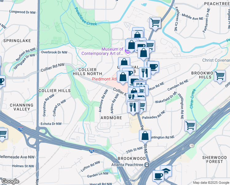 map of restaurants, bars, coffee shops, grocery stores, and more near 275 Collier Road Northwest in Atlanta