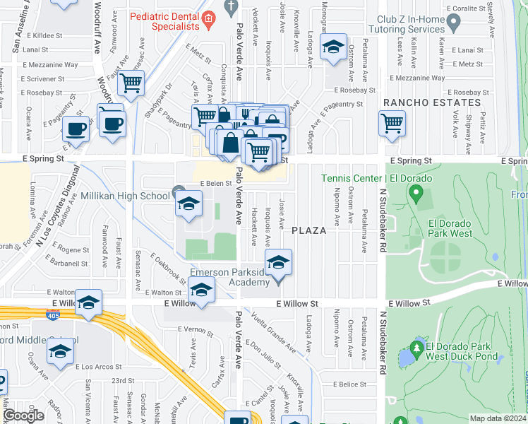 map of restaurants, bars, coffee shops, grocery stores, and more near 2829 Iroquois Avenue in Long Beach