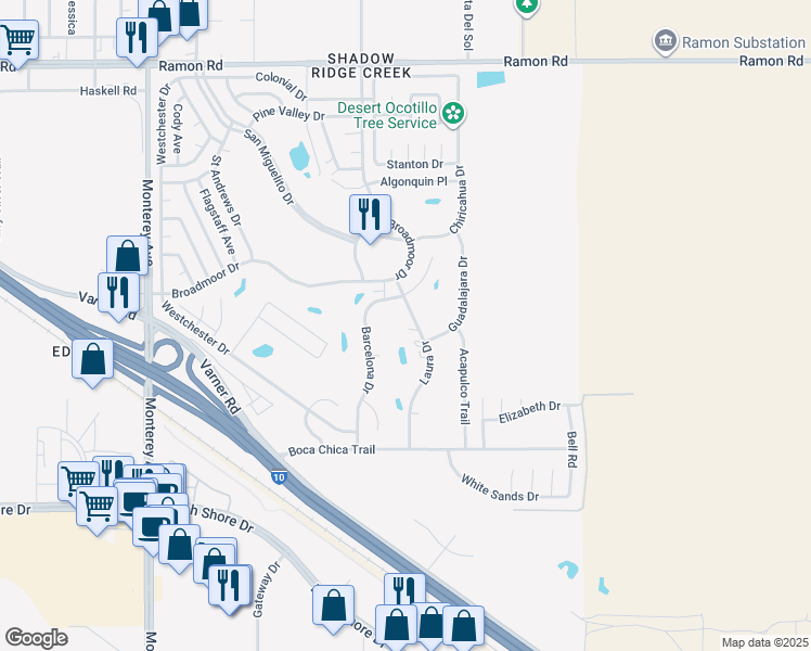 map of restaurants, bars, coffee shops, grocery stores, and more near 33195 Laura Drive in Thousand Palms