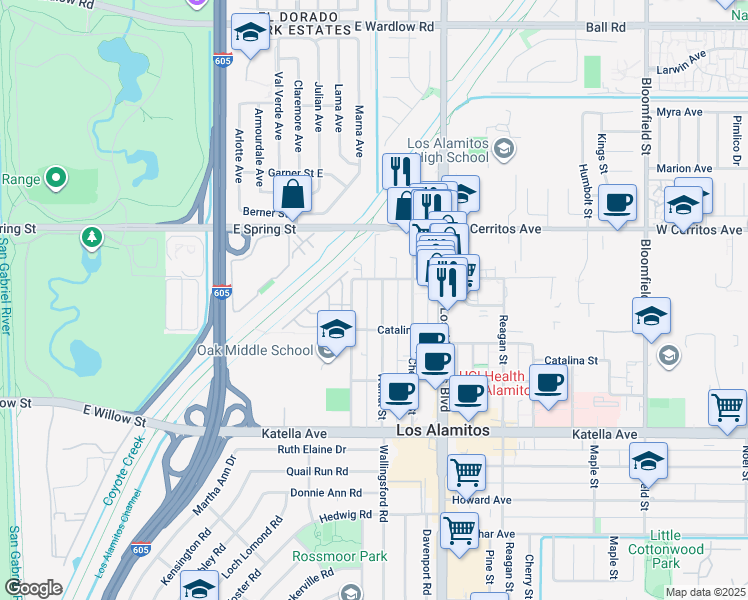 map of restaurants, bars, coffee shops, grocery stores, and more near 10661 Walnut Street in Los Alamitos