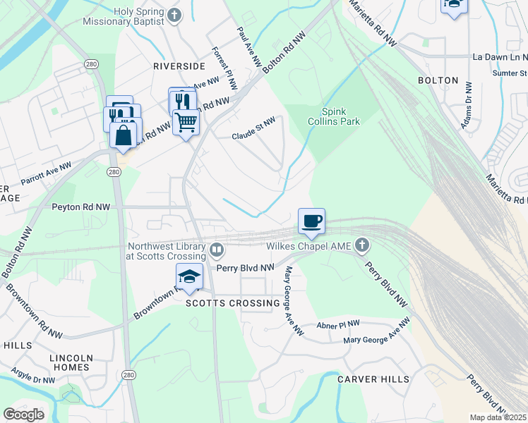 map of restaurants, bars, coffee shops, grocery stores, and more near 1945 Brantley Walk Lane in Atlanta