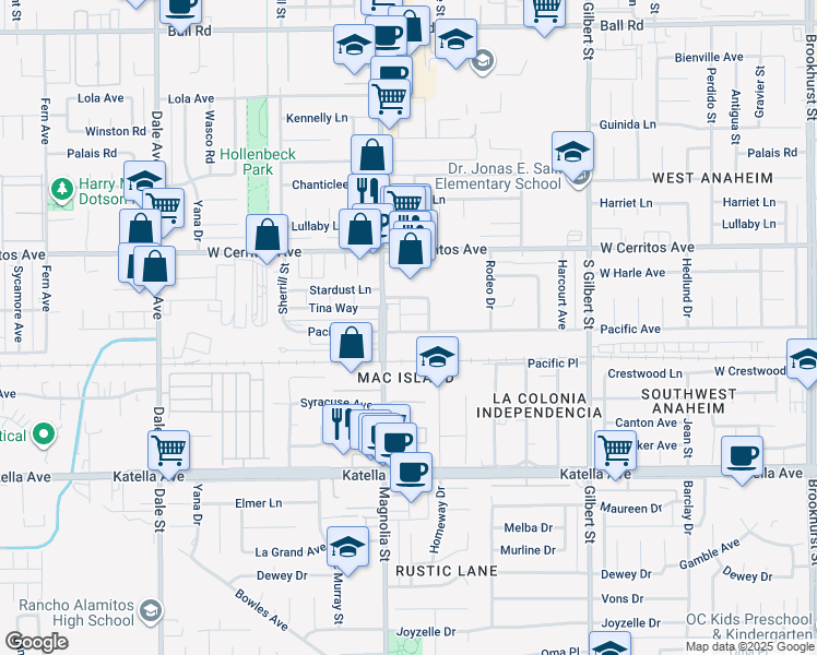 map of restaurants, bars, coffee shops, grocery stores, and more near 9051 Pacific Avenue in Anaheim