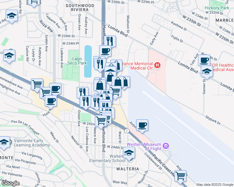 map of restaurants, bars, coffee shops, grocery stores, and more near 23868 Hawthorne Boulevard in Torrance