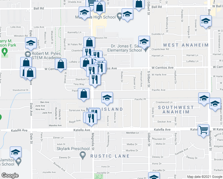 map of restaurants, bars, coffee shops, grocery stores, and more near 9155 Pacific Avenue in Anaheim