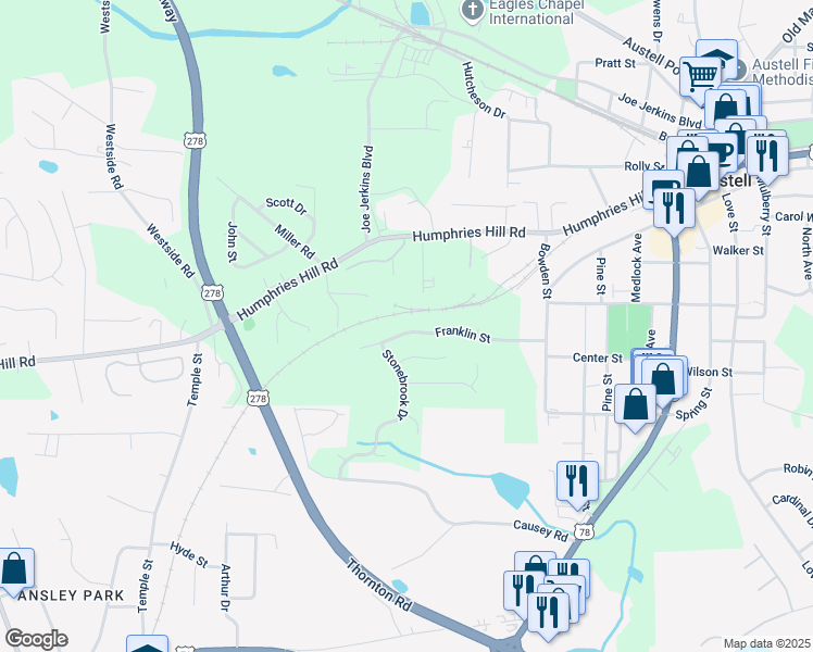 map of restaurants, bars, coffee shops, grocery stores, and more near 3210 Franklin Street in Austell