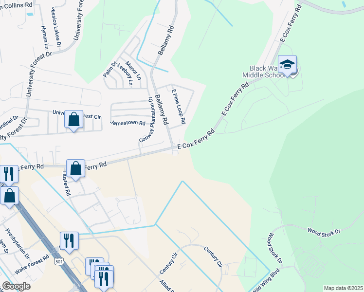 map of restaurants, bars, coffee shops, grocery stores, and more near 900 East Cox Ferry Road in Conway