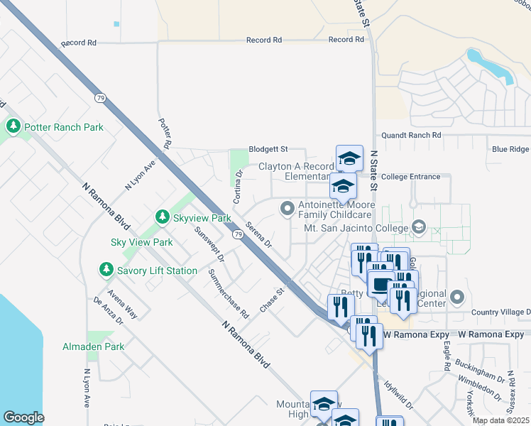 map of restaurants, bars, coffee shops, grocery stores, and more near 1564 Nice Court in San Jacinto