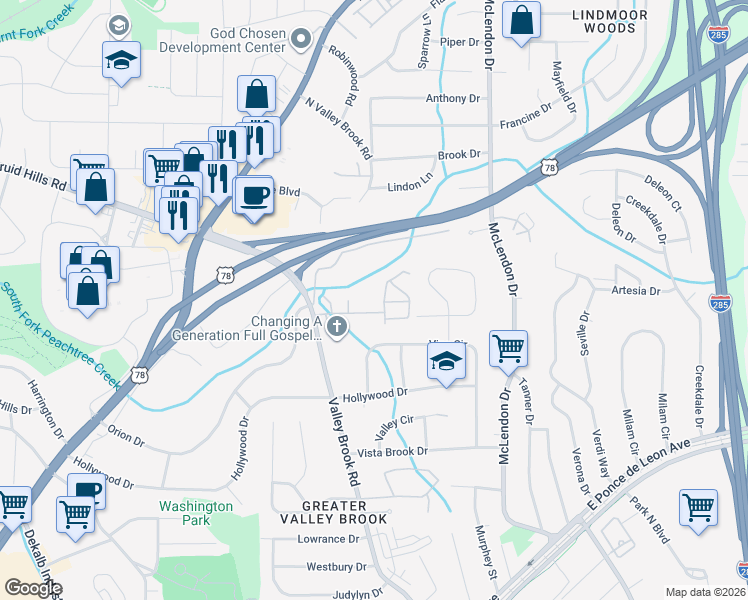 map of restaurants, bars, coffee shops, grocery stores, and more near 3317 Valley Brook Place in Decatur