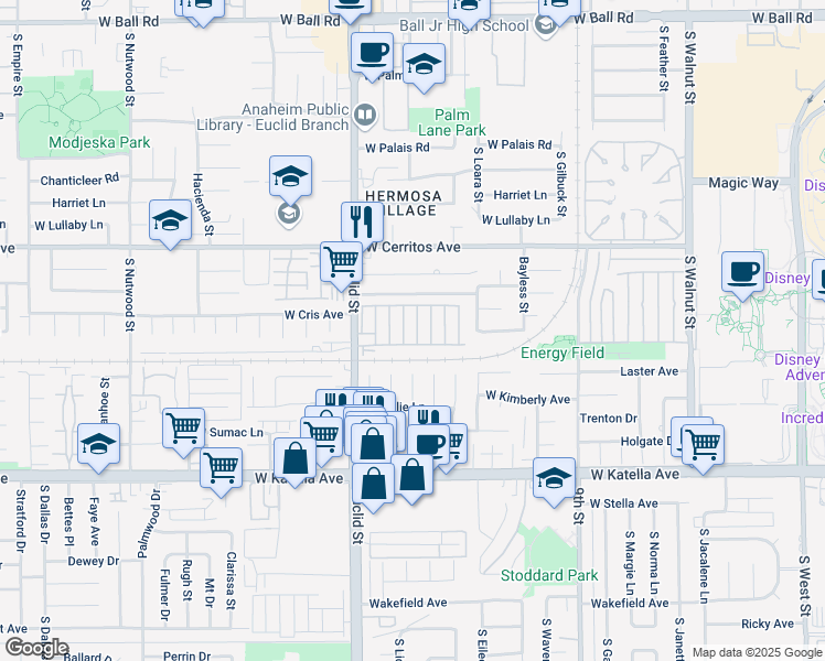 map of restaurants, bars, coffee shops, grocery stores, and more near 1616 South Euclid Street in Anaheim