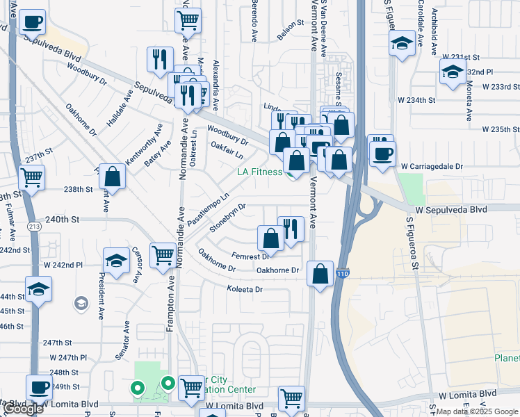 map of restaurants, bars, coffee shops, grocery stores, and more near 23768 Sandhurst Lane in West Carson