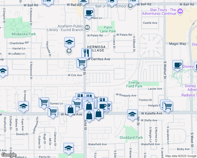 map of restaurants, bars, coffee shops, grocery stores, and more near 1616 South Euclid Street in Anaheim