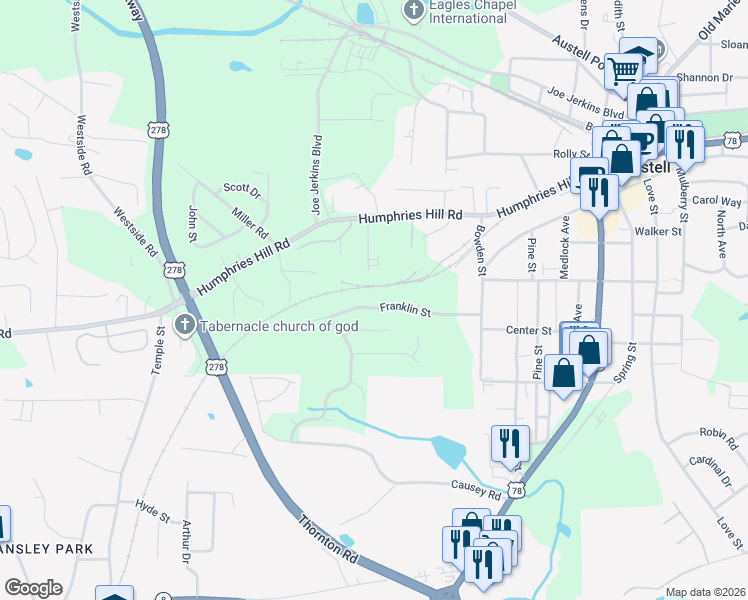 map of restaurants, bars, coffee shops, grocery stores, and more near 5990 Peco Lane in Austell