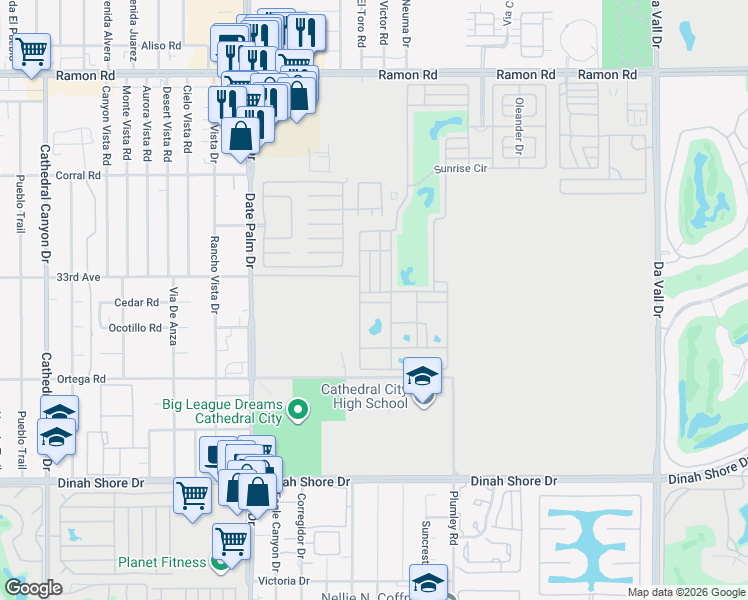 map of restaurants, bars, coffee shops, grocery stores, and more near Fig Drive in Cathedral City