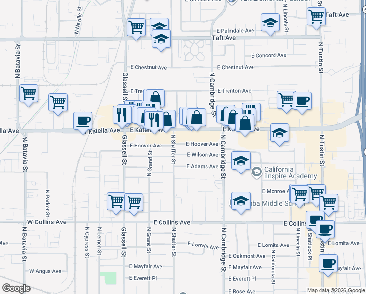 map of restaurants, bars, coffee shops, grocery stores, and more near 534 East Hoover Avenue in Orange