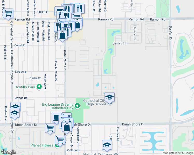 map of restaurants, bars, coffee shops, grocery stores, and more near 69411 Ramon Road in Cathedral City