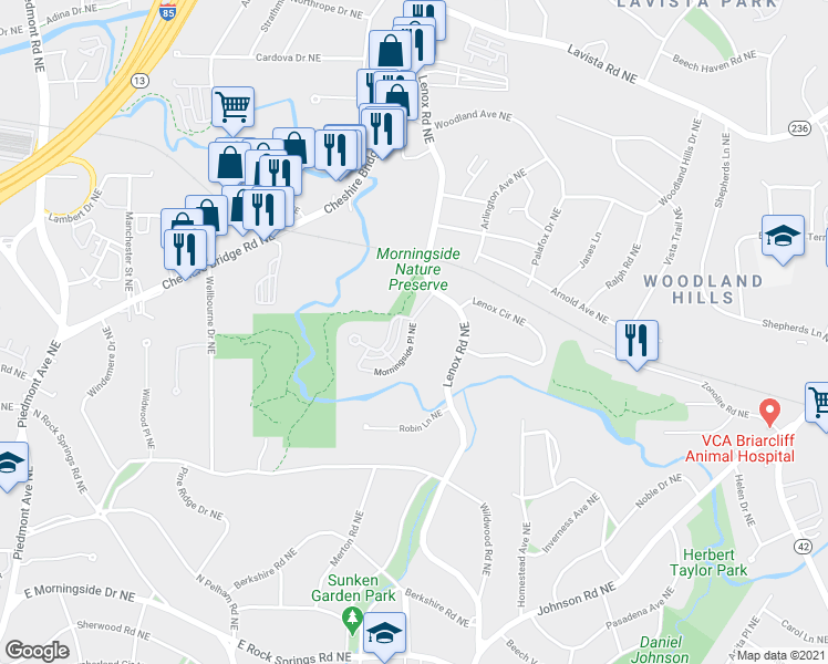 map of restaurants, bars, coffee shops, grocery stores, and more near 1161 Morningside Pl NE in Atlanta