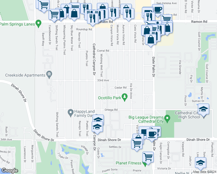 map of restaurants, bars, coffee shops, grocery stores, and more near 33102 Campus Lane in Cathedral City