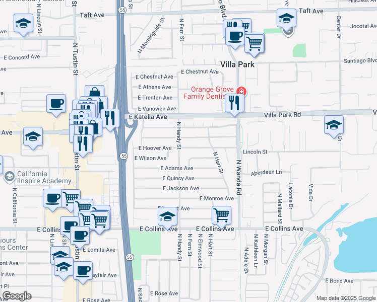 map of restaurants, bars, coffee shops, grocery stores, and more near 2524 East Coolidge Avenue in Orange