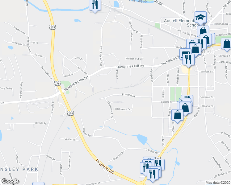 map of restaurants, bars, coffee shops, grocery stores, and more near 3190 Franklin Street in Austell
