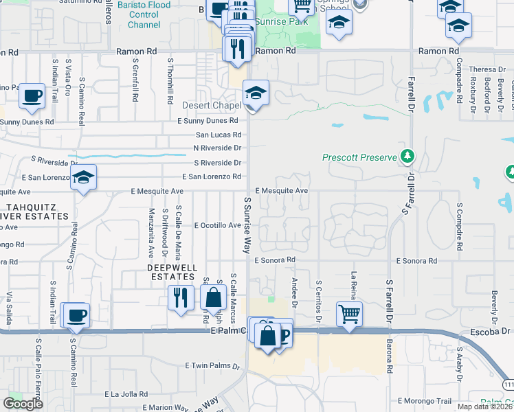 map of restaurants, bars, coffee shops, grocery stores, and more near 1013 Saint Thomas Circle in Palm Springs